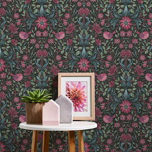 A.S. Création Tapete Floral Schwarz Pink Blau Grün - A.S. Création Maison Charme 390751 - Vliestapete Vogel - 10,05 m x 0,53 m Made in Germany