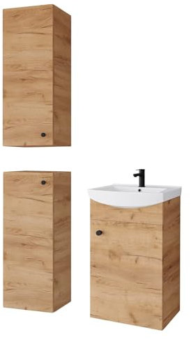 Planetmöbel Badmöbel Set Waschtisch mit Unterschrank 45 x 60 x 33 cm mit 2X Midischrank 32 x 75 x 23 cm für Badezimmer, Gäste WC & Bad, Gold Eiche