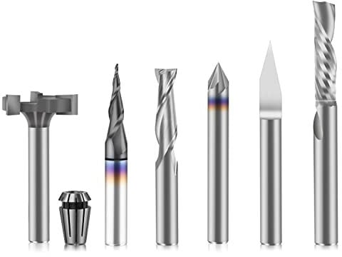 FoxAlien Kit esencial de fresas CNC con mango de 1/4 Incluye 1/4 ER11 Collet, V-bit, End Mills,Broca de biselar para MDF Resina Tallado en Madera Lettering