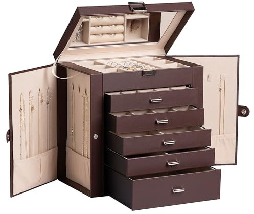 Frebeauty Große Schmuckschatulle, 6-stöckig, PU-Leder, Schmuck-Organizer, multifunktionale Aufbewahrungsbox mit Spiegel, Zubehörhalter mit 5 Schubladen für Halsketten, Armbänder, Uhren (dunkelbraun)