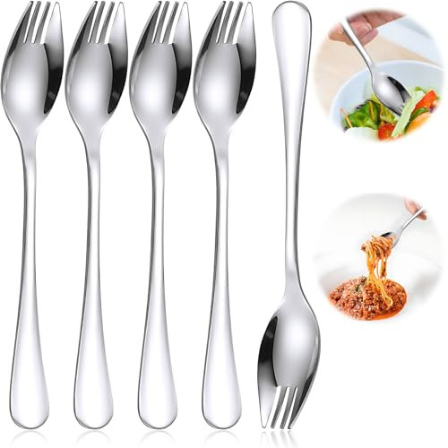 Sporks, 304 Edelstahl Spork Göffel, Lang 18.6 cm Salatlöffel Göffel, 2 in 1 Multifunktion Löffel Gabel, Suppenlöffel Obst Salatgabel Nudellöffel für Camping zu Hause oder auf Reisen 5 Stück