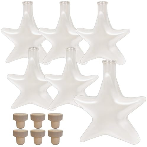 gouveo Set di 6 bottiglie di vetro da 200 ml con stella in sughero con manico in legno – bottiglia di Natale a forma di stella – bottiglia con tappo di sughero da riempire e regalare