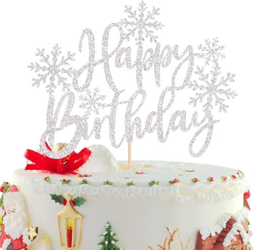 1 Stück Schneeflocken Tortendeko Happy Birthday Schneeflocken Kuchen Deko Glitzer Winter Thema Cake Topper Kuchen Deko für Winter Thema Weihnachten Geburtstag Party Kuchen Dekoration Silber