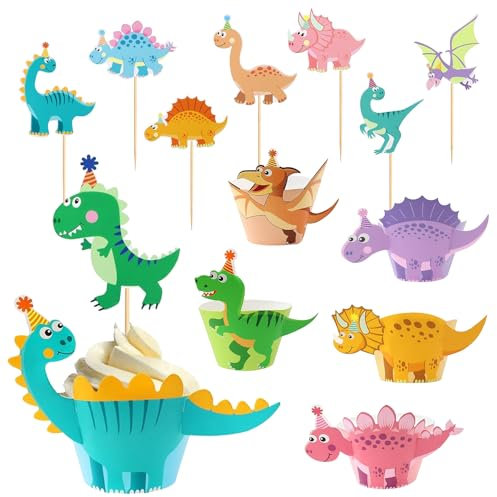 48 Stück Dino Cupcake Wrapper Set, Tortendeko Dinosaurier, 24 Dino Muffinförmchen und 24 Dinosaurier Kuchendekoration, Cake Topper Dinosaurier für Geburtstag Event Party Tiere Thema Party Dekoration