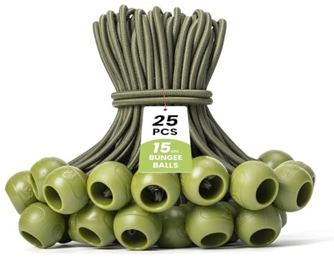 Brotree Tensores Elásticos con Bola 25 Pack Cuerdas Elásticas Lonas 15 cm Gomas Tensoras para Lonas, Exterior, Trampolin, Sujecion - Verde Militar