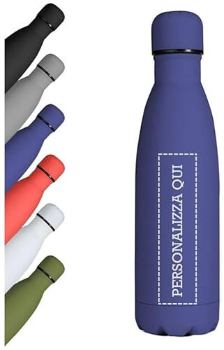Borraccia Personalizzata Termica 500ml Acciaio Inox - Thermos Personalizzabile con Nome, Logo, Frase - Bottiglia Personalizzata Borraccia Uomo Donna - Regali e Gadget Personalizzati T-SHIRT48 (Blu)