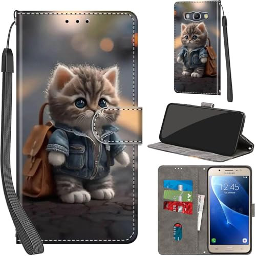 Handyhülle für Samsung Galaxy J5 2016 Hülle PU Leder Schutzhülle Klappbar mit Kartenfach Ständer Handytasche mit Kameraschutz Flip Case Klapphülle für Samsung J5 2016, Katze