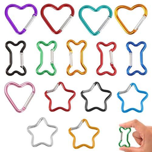 ComPDCVD 15 Stück Karabiner Herz Karabinerhaken Bunt Stern und Knochenform Schlüsselanhänger Aluminium Karabinerhaken Klein Schlüsselring Schraubkarabiner Schlüssel Clip für DIY Rucksack Reisen