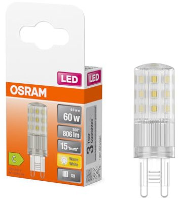 Osram Lampe LED multicolore LED PIN avec douille Retrofit G9, 4,9 W / 806 lm, lumière blanche chaude claire de 2700 K, non dimmable, IP20, verre sans plomb, diamètre 18 mm.