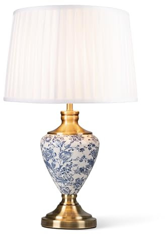 Lighting Supermarket Hepburn Large Ceramic Table Lamp with Ivory Pleated Shade - Modern White, Blue, Antique Brass