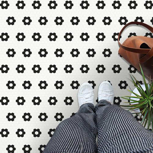 MORCART 20PCS Self Adhesive Floor Tile, 20 x 20cm Peel and Stick Vinyl Flooring Waterproof DIY Flooring for Bathroom, Kitchen, Fireplace, Pet House, Stairs, Bedrooms, Wall Hexagon Flower Black White