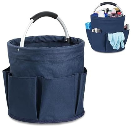 Cesta de Limpieza Portatil, Organizador de Productos de Limpieza, Cesta Limpieza Plegable con Asa y 6 Bolsillos Exteriores, Cesta porta Herramientas de Tela Oxford para Interior, Jardín, Baño (Azul)