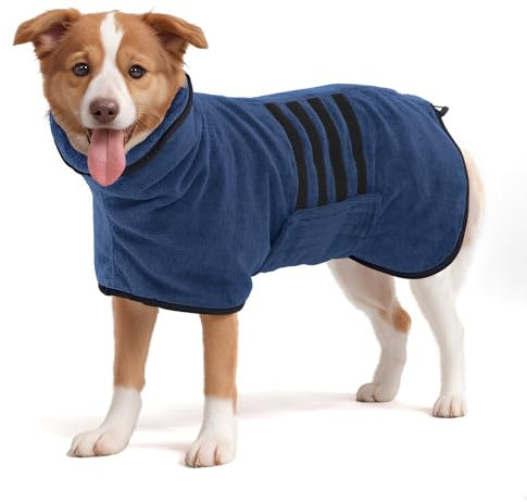 HezzLuv Bademantel für Hunde, Hundebademantel Aus Mikrofaser Für Mittlere Und Große Hunde, Saugstarker Hundehandtuch, Schnell Trocknend, Hunde Trockenmantel Mit Klettverschluss (Dunkelblau XL)