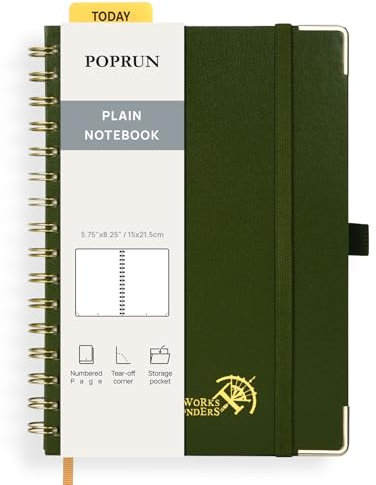 POPRUN Notizbuch A5 Blanko, Spiral-Notizbücher 120 GSM Papier, 141 nummerierte Seiten, Hardcover mit Kleberegisterkarten und 8 Abreißblättern - OL(Olive)