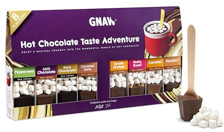 Gnaw Taste Adventure Hot Chocolate Gift Set – 8 Flavours with Hot Choc Stirrers & Marshmallows – Hot Chocolate Spoons, Chocolate Gift, Stocking Filler, Christmas Chocolate