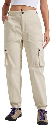Pioneer Camp Cargohose Damen Lang Wanderhose für Frauen Strapazierfähig Cargo Hosen Verstellbarer Bund Outdoor Jogginghosen mit 6 Taschen Khaki L