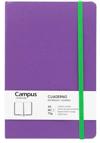 Campus Notizbuch A5, Bullet Journal mit glatten Blättern, genähtes Notizbuch mit festem Einband, 96 Blatt à 75 g, elastischer Verschluss, Tasche und Lesezeichen (A5, glatt, violett)