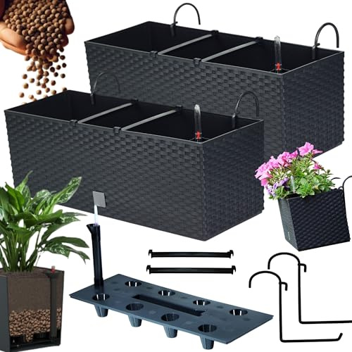 Ensemble de pots de balcon 2 x 51 x 19 x 18,5 cm | Pot de balcon effet rotin, pot avec poignée, supports et système d'arrosage | pots pour terrasse | jardinière au design élégant | anthracite