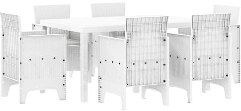 vidaXL 7-teiliges Garten-Esszimmer-Set aus weißem Poly-Rattan mit einem Tisch und 6 Stühlen für draußen – perfekte Sitzmöbel für Terrasse, Garten oder Patio im Sommer.