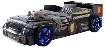 möbelando Autobett >Rinum< Schwarzes Hochglanz-Bett 90x200 cm mit Fotodruck & LED-Beleuchtung, Melamin, modern, zerlegt geliefert, ohne Matratze & Lattenrost, stylisch & robust - 106x64x220 (B/H/T).