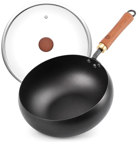 WANGYUANJI 24,1 cm Wok aus Karbonstahl mit Deckel, flacher Boden
