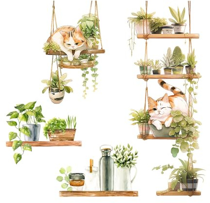 Flaxarne Watercolor Cat & Plant Shelf Wall Decals, Boho Hanging Greenery & Cat Wall Stickers for Bedroom Living Room, Removable Botanical Wall Art for Cat Lovers