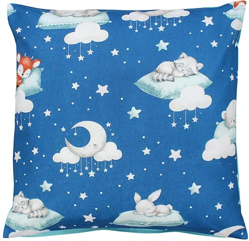 TupTam Kinder Kissenbezug Kissenhülle Dekorativ Gemustert, Farbe: Schlafende Baby Tiere/Dunkelblau/Mint, Größe: 80 x 80 cm