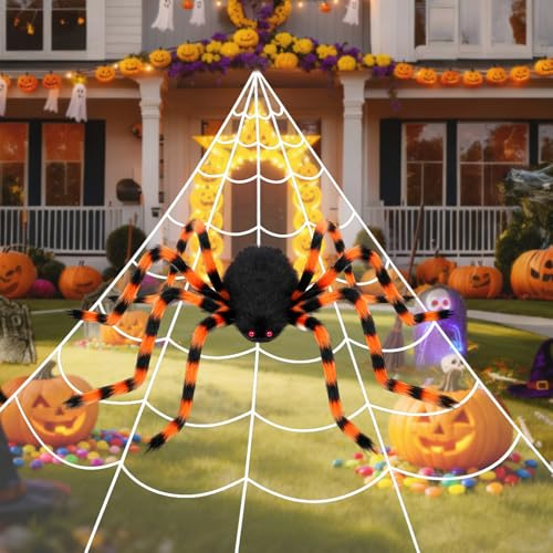 SKYYUE Halloween Deko Outdoor Spinne Groß, Garten Deko Horror 500cm Riesige Spinnennetz + 125cm Riesenspinne Set, Halloween Deko Garten Spinnen Groß (Schwarz und Orange, 5m Spinnennetz +1,25m Spinne)