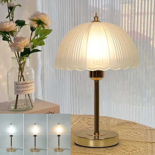 XINYASEE Lampe de table champignon vintage, abat-jour en verre plissé blanc et base en laiton, lampe de chevet rétro pour chambre, salon, bureau - Luminaire décoratif(Oro)