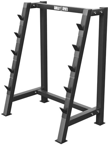 GORILLA SPORTS® Hantelständer für Langhantelstangen, 5 Ablagen, bis 500 kg | Aus Stahl, Schwarz/Weiß, mit Gumminoppen an den Füßen; Hantelablage, Langhantel Rack, Hantel Ständer, Krafttraining