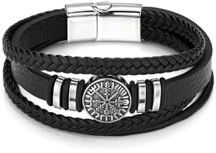 Jovivi Lederarmband Herren Armband Wikinger Vegvisir Kompass Armband Schwarz Geflochtene Leder Armbänder mit Magnet Verschluss Schmuck Amulett für Männer und Idee Geschenke