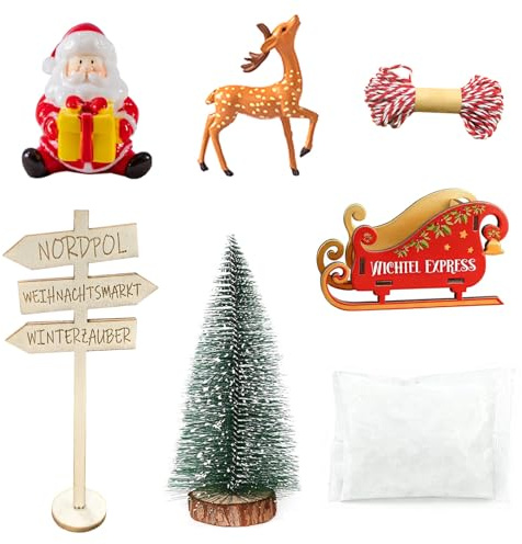SHOWHEEL Wichtel Zubehör Weihnachten Set, Miniatur Puppenhaus Zubehörs | Mini-Weihnachts-Set mit Wichtel, Schlitten, Rentier, Baum & Schnee – ideal für Wichteltür-Deko und Puppenhaus-Zubehör