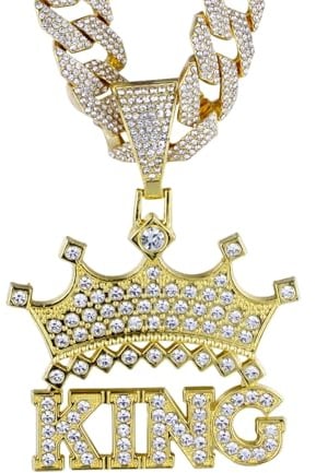 Halukakah Diamond Crown King Necklace for Men,18k Real Gold Plated,Lab Diamonds Prong Set,3D Bubble Letter Pendant with 15mm Diamond Cuban Link Chain 20,Present for Husband,Son,Boyfriend