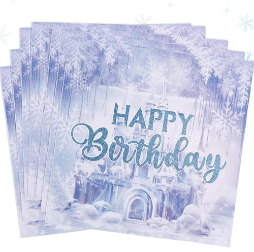 40 Stück Servietten Geburtstag Mädchen,Schneeschloss Kindergeburtstag Deko,3-Lagig Happy Birthday Servietten Kinder Eiskönigin Geburtstagsdeko Frozen Papierservietten für Winter Party Prinzessin Deko
