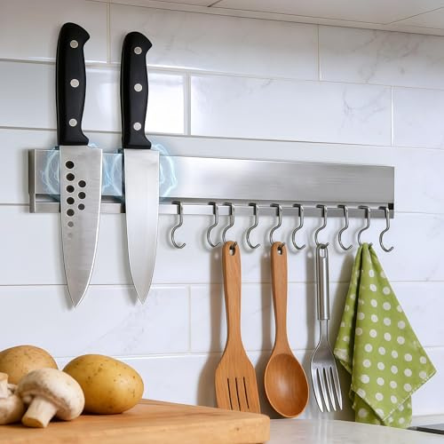 Magnetic Knife Holder for Wall, 16 Inch Stainless Steel Magnet Strip with 10 Hooks, No Drill Adhesive Tape & Screws, Kitchen Utensil Organizer, Wall Mounted Knife Storage