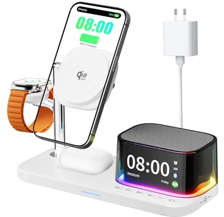 7-in-1 kabelloses Ladegerät, Bluetooth-Lautsprecher mit Wecker, Qi 2.2 25W Handy-Schnellladung, Stimmungslicht, passend für die gesamte iPhone 17 16 15 Pro Max-Serie, Kopfhörer, Samsung & Apple Watch