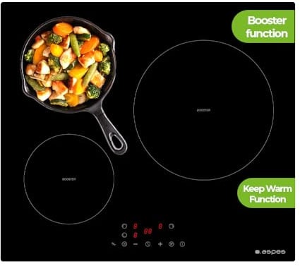 Aspes Placa de Inducción Cristal negro, AI3602. 3 Zonas de Cocción, 6680 W, 9 Niveles de Cocción, Control Slider táctil, Booster Aumentador de Potencia, Bloqueo Control, Temporizador
