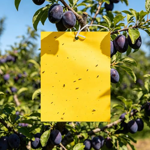 PDKKFF 60 Stück Gelbtafeln Kirschbaum 20x15cm, Gelbsticker für Obstbäume | Gelbtafeln Trauermücken Bekämpfen für Zimmerpflanzen und Obstbäume gegen Weiße Fliegen, Blattläuse, Kirschfruchtfliege