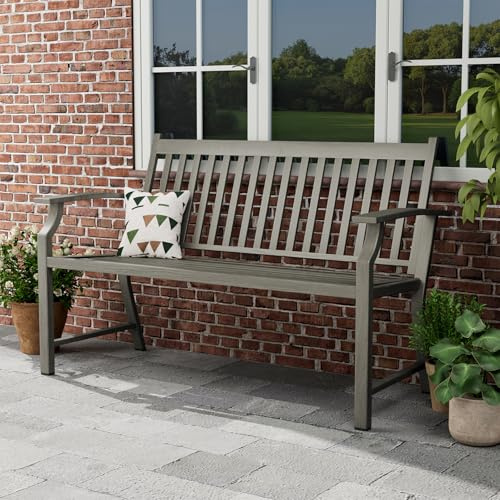 Amopatio Gartenbank mit Lehne, Sitzbank wetterfest Metall Holzimitat, 3-Sitzer, stabile Stahlkonstruktion bis 240 kg belastbar, UV-beständig, 128x62x90cm, für Balkon, Park, Garten | Grau