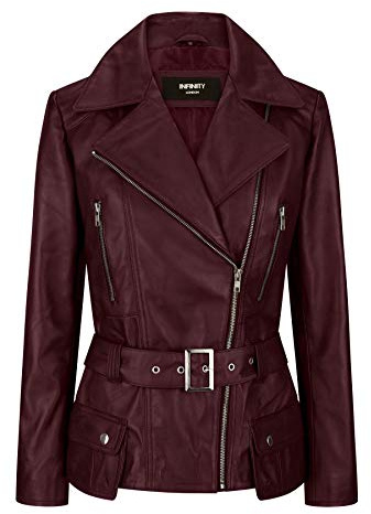 Ladies Women Brown Real Leather Smart Style Belted Fitted Jacket - Burgundy XXL