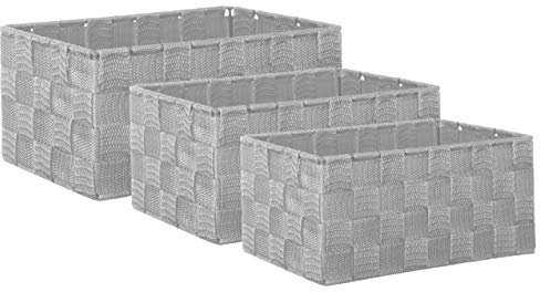 Brandsseller 3er Set Aufbewahrungsboxen - 22x15x11 cm, 21x13x9,5 cm, 19x11x8,5 cm – eckige Regalkörbe ohne Deckel – Rattanoptik, geflochten mit Metallrahmen – Hellgrau