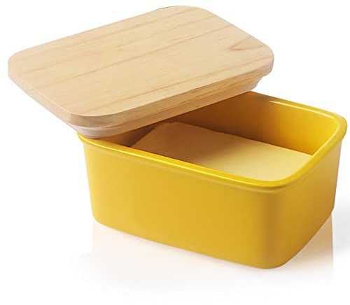 SWEEJAR Beurrier en porcelaine avec couvercle, grand récipient hermétique avec couvercle en bois, récipient à beurre parfait pour 2 bâtons de beurre West ou East Coast (jaune)