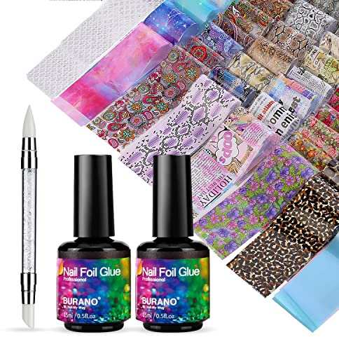 BURANO Nail Foil Glue Gel, 15ML 2 Bottles with 100PCS Foil Sticker Nails Foils Adhesive and Rubber Nail Push Pen for Designer Transfer Gel Polish