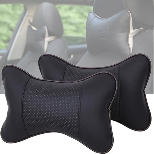 YUEMING 2 Stück Auto Nackenkissen Kopfstütze, PU-Leder Autositz Kopfkissen mit abnehmbarem Bezug, Sicherheit Ergonomische Nackenstütze Kissen für Autofahren Reisen (Schwarz1)