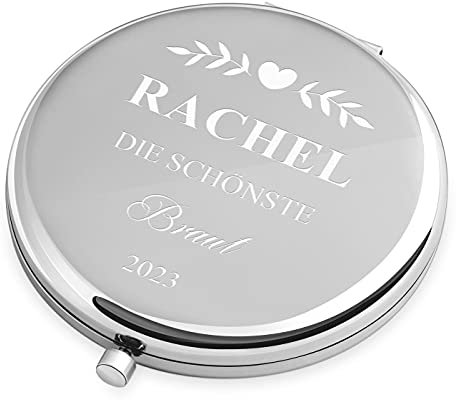 Maverton Kompaktspiegel mit Gravur - Spiegel rund - Silber - Doppelspiegel mit Vergrößerung - Reisespiegel für Handtaschen - Geschenke für Frauen