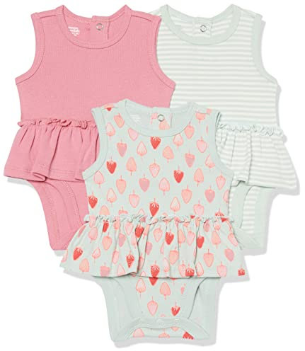 Amazon Essentials Robes Barboteuses sans Manches Bébé Fille, Lot de 3, Fraises/Gris Rayures/Rose, 24 Mois