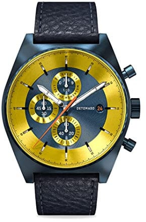 DeTomaso D10 Chronograph Limited Edition Blue Yellow Herren-Armbanduhr Analog Quarz Lederarmband Blau