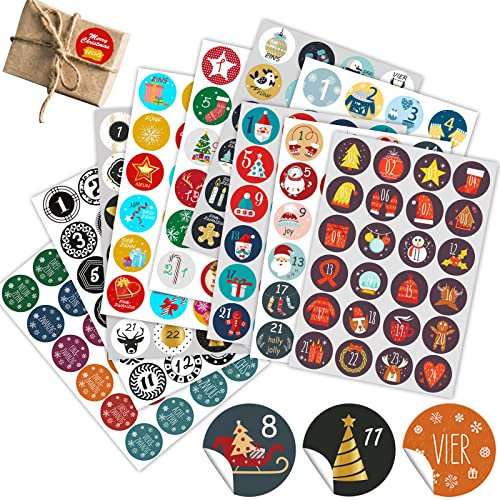 VEGCOO Aufkleber Adventskalender Zahlen,10 Stück Aufkleber Weihnachten 6 Farben Aufkleber Zahlen 1-24 für DIY Kalender Papiertüte Geschenkbox Weihnachtstag Aufkleben