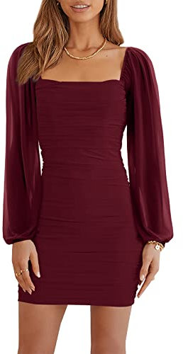 Wenrine Women's Dress Mesh Long Sleeve Square Neck Party Dress Ruched Club Cocktail Bodycon Mini Dress(Wine Red,S)