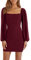 Wenrine Women's Dress Mesh Long Sleeve Square Neck Party Dress Ruched Club Cocktail Bodycon Mini Dress(Wine Red,S)